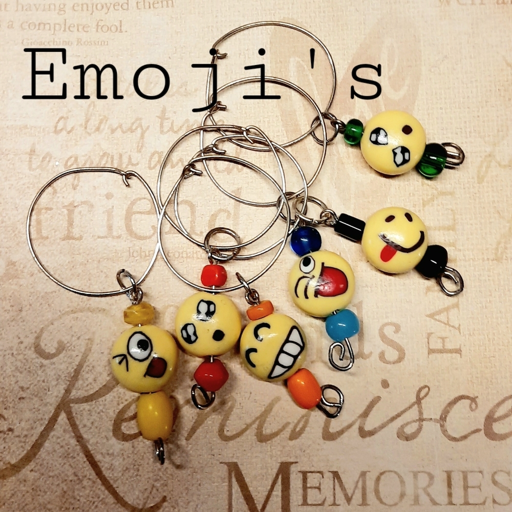 EMOJI wine charms set of 6. 1" Silver rings & stems.  Hand Crafted.